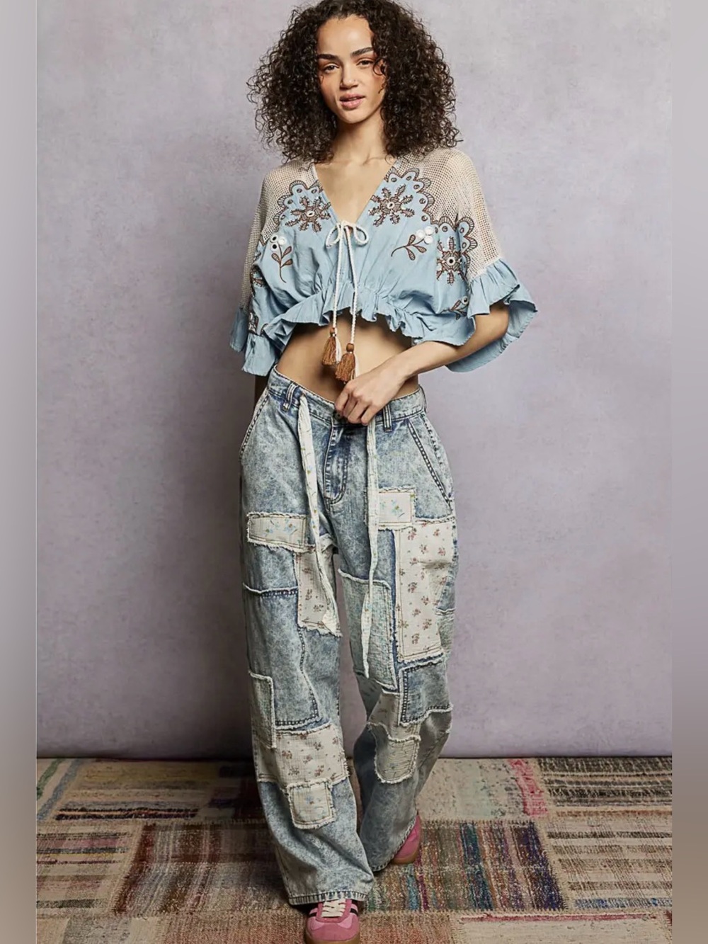 POL Light Blue Embroidered Tie-Front Crop Top - Picture 5 of 7